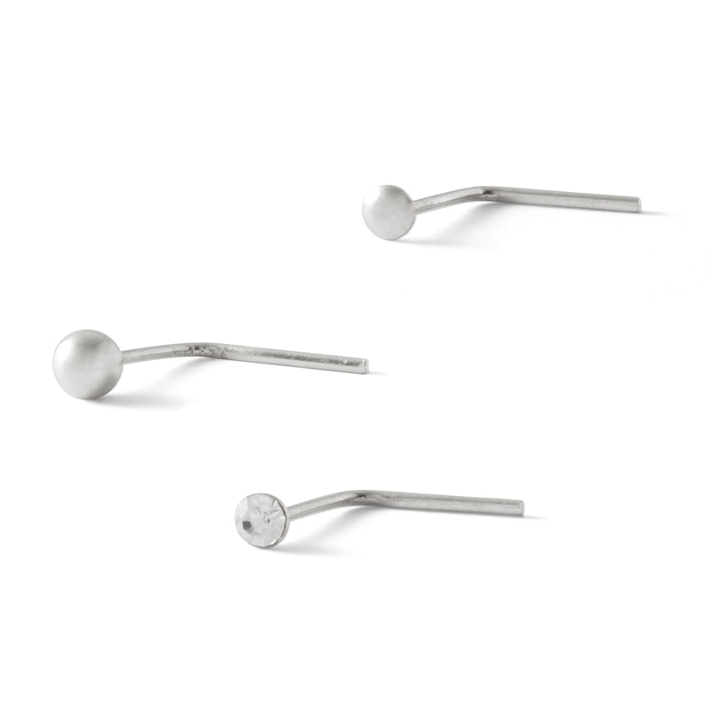 Main Image 1 of Semi-Solid and Hollow Sterling Silver CZ L-Shaped Nose Stud Set - 22G
