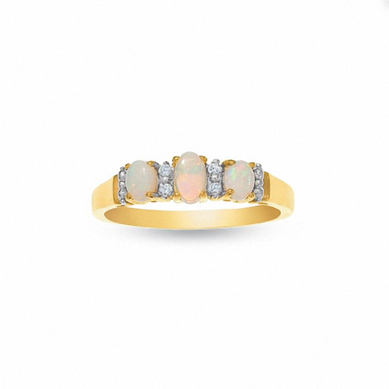 Opal Three Stone Ring in 10K Gold with Diamond Accents - Size 7