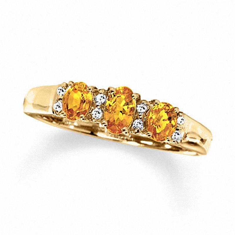 Oval Citrine Three Stone Ring in 10K Gold with Diamond Accents - Size 7