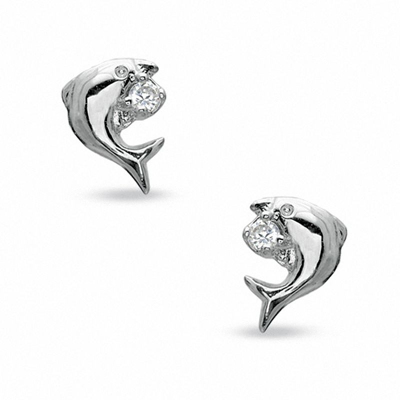 Cubic Zirconia Dolphin Stud Earrings in Sterling Silver