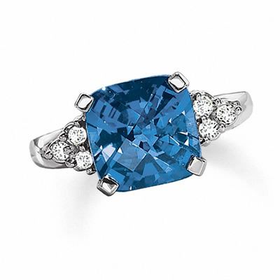 Lab-Created Cushion-Cut Sapphire Ring in 10K White Gold with Diamond Accents - Size 7