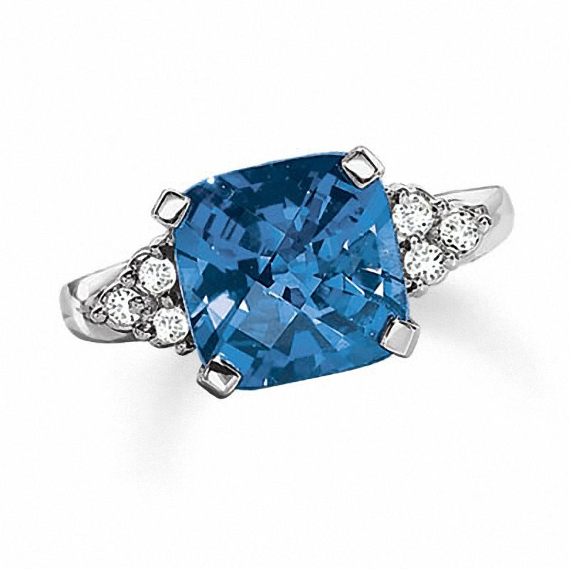 Lab-Created Cushion-Cut Sapphire Ring in 10K White Gold with Diamond Accents - Size 7