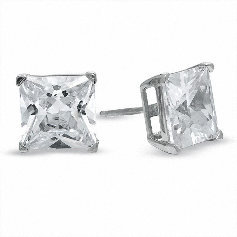3 Pair Set Sterling Silver Cubic Zirconia Square Earrings Studs 6 7 and 8mm Princess cut