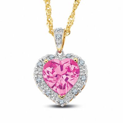 Lab-Created Heart-Shaped Pink Sapphire Pendant in 10K Gold with Diamond Accents