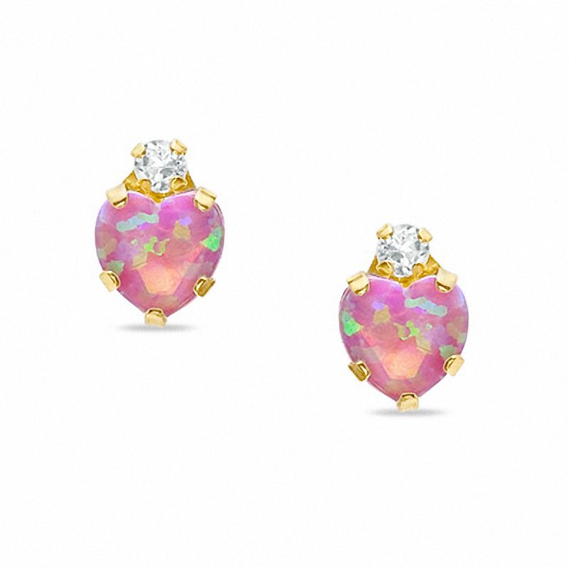 Main Image 1 of 5mm Heart-Shaped Lab-Created Pink Opal Stud Earrings in 10K Gold with CZ