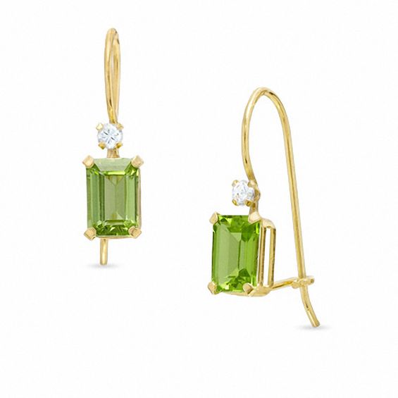 Octagonal Peridot Drop Earrings in 10K Gold with CZ