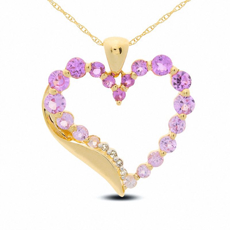 Main Image 1 of Lab-Created Pink Sapphire Heart Pendant in 10K Gold with Diamond Accents