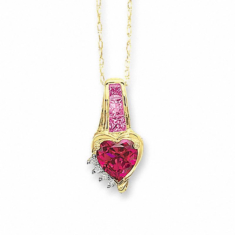 Heart-Shaped Lab-Created Ruby and Pink Sapphire 10K Gold Pendant with Diamond Accents
