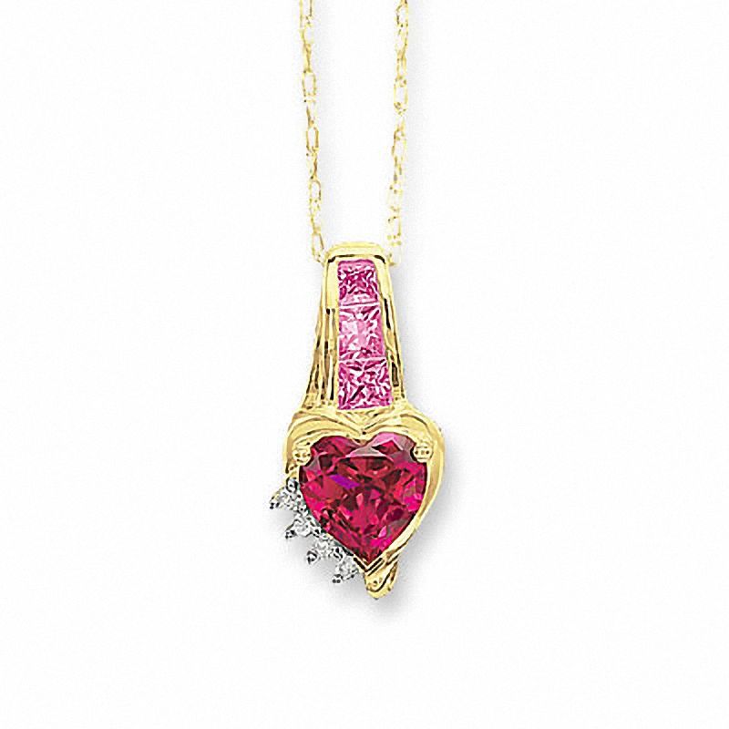 Main Image 1 of Heart-Shaped Lab-Created Ruby and Pink Sapphire 10K Gold Pendant with Diamond Accents