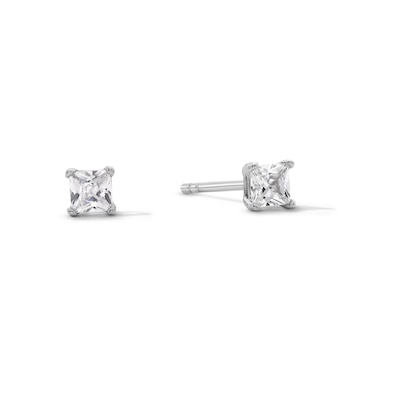 Solid Sterling Silver 3mm Princess-Cut CZ Solitaire Studs