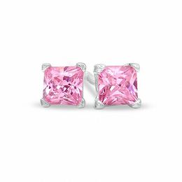 3mm Princess-Cut Pink Cubic Zirconia Stud Earrings in Sterling Silver