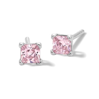 Solid Sterling Silver 3mm Princess-Cut Pink CZ Solitaire Studs