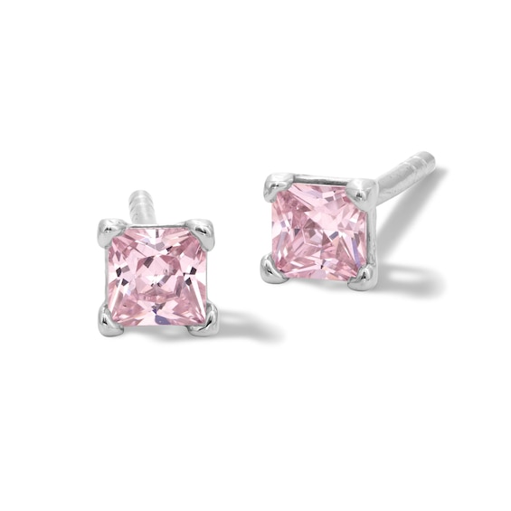 3mm Princess-Cut Pink Cubic Zirconia Stud Earrings in Sterling Silver