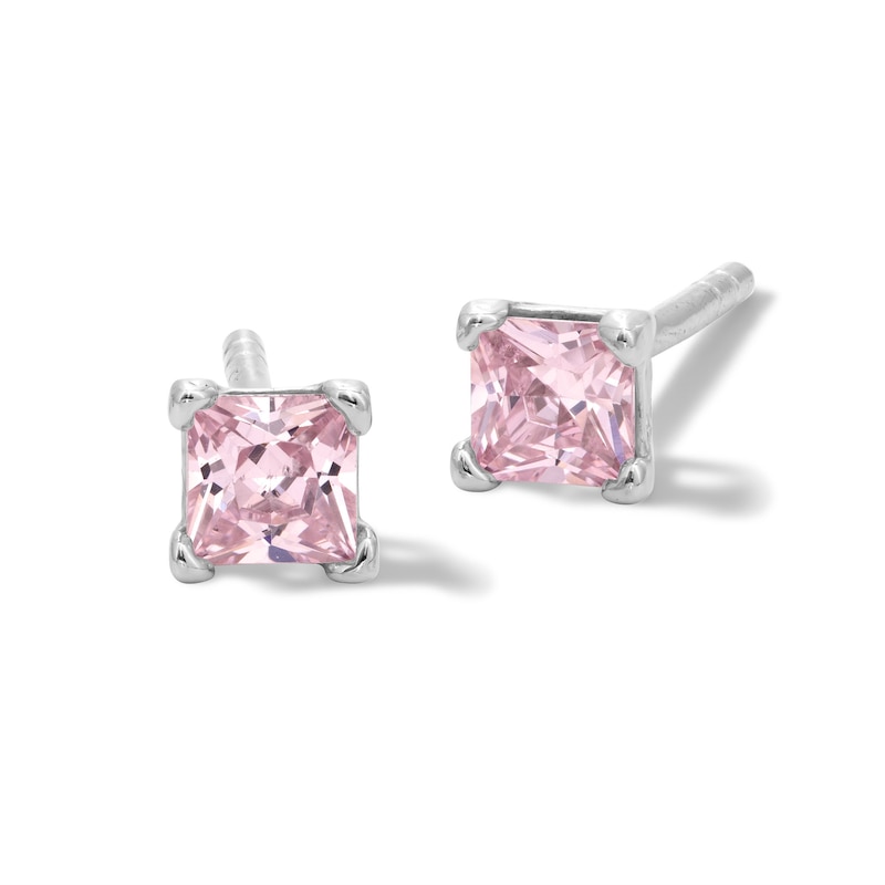 3mm Princess-Cut Pink Cubic Zirconia Stud Earrings in Sterling Silver