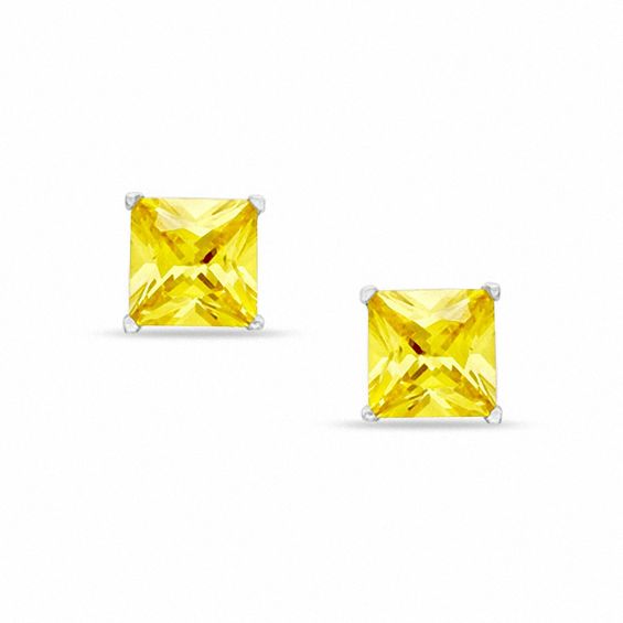 8.0mm Princess-Cut Golden Cubic Zirconia Stud Earrings in Sterling Silver