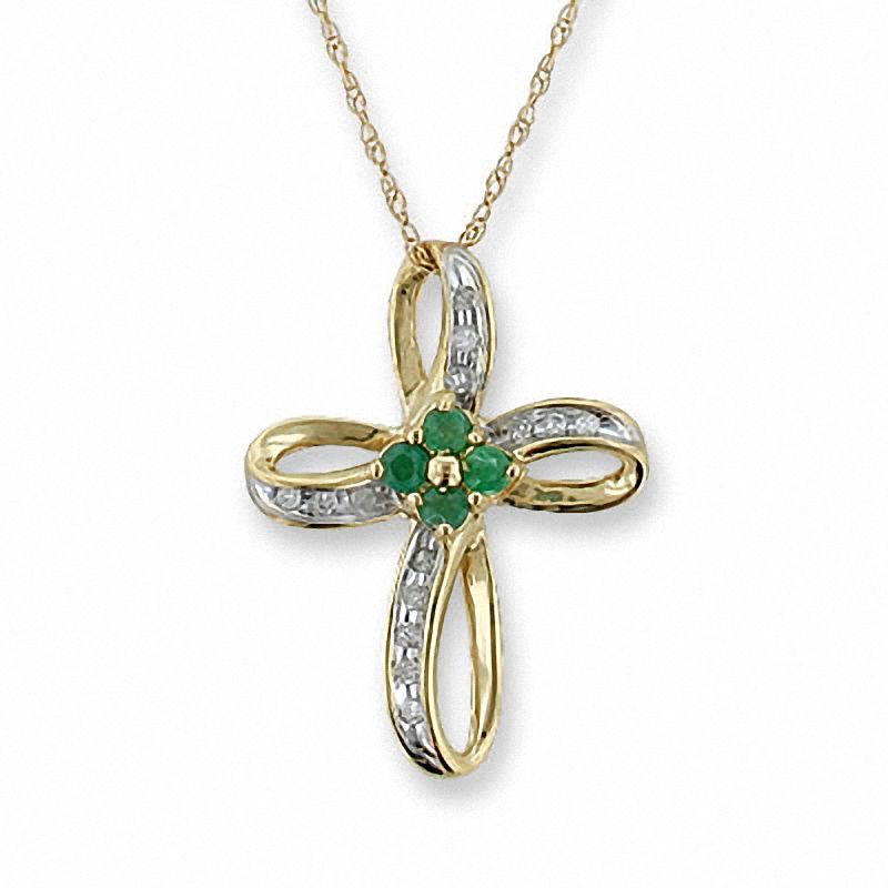 Main Image 1 of Emerald Cross Pendant with Diamond Accents in 10K Gold