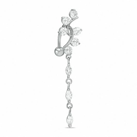 Solid Stainless Steel CZ Dangle Belly Button Ring - 14G