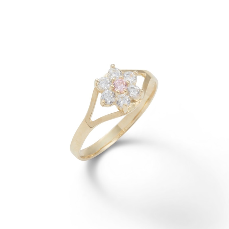 Child's Clear and Pink Cubic Zirconia Flower Ring in 10K Gold - Size 3