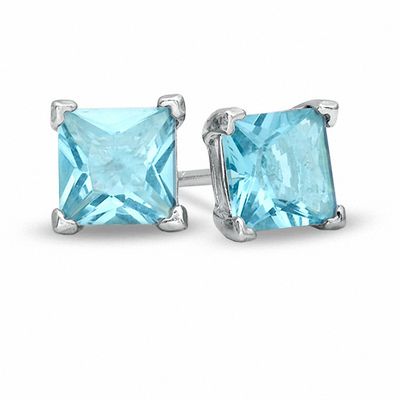 5.0mm Princess-Cut Aqua Cubic Zirconia Stud Earrings in Sterling Silver