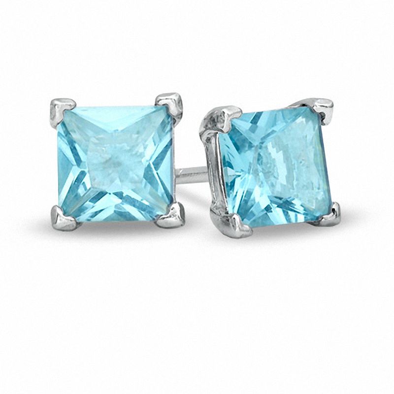 5.0mm Princess-Cut Aqua Cubic Zirconia Stud Earrings in Sterling Silver