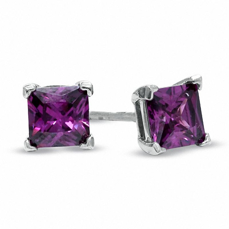 5.0mm Princess-Cut Purple Cubic Zirconia Stud Earrings in Sterling Silver