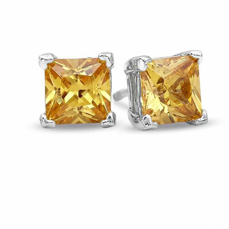 5.0mm Princess-Cut Golden Cubic Zirconia Stud Earrings in Sterling Silver