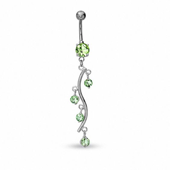 014 Gauge Dangle Belly Button Ring with Green Cubic Zirconia in Stainless Steel