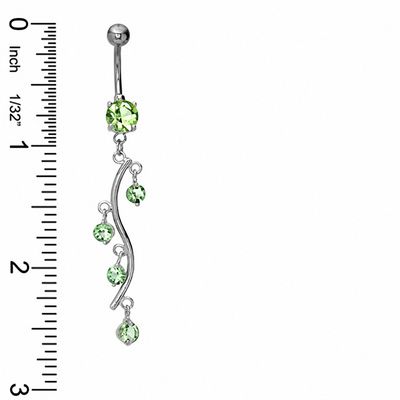 014 Gauge Dangle Belly Button Ring with Green Cubic Zirconia in Stainless Steel