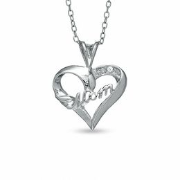 Cubic Zirconia Cursive &quot;Mom&quot; Heart Pendant in Sterling Silver