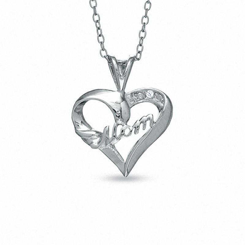 Cubic Zirconia Cursive "Mom" Heart Pendant in Sterling Silver