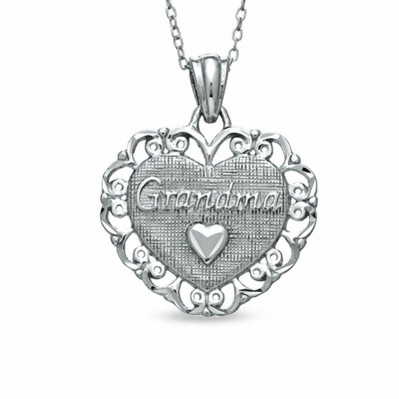 Main Image 1 of Diamond-Cut "Grandma" Filigree Frame Heart Pendant in Sterling Silver