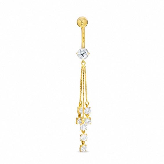 014 Gauge Dangling Belly Button Ring with Cubic Zirconia in 10K Gold