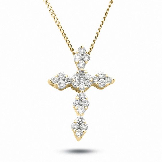 1/4 CT. T.W. Diamond Cross Pendant with Flower Center in 14K Gold