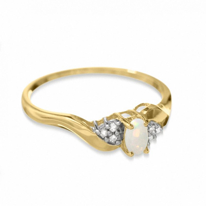 Oval Opal Twist Ring in 10K Gold with Diamond Accents - Size 7