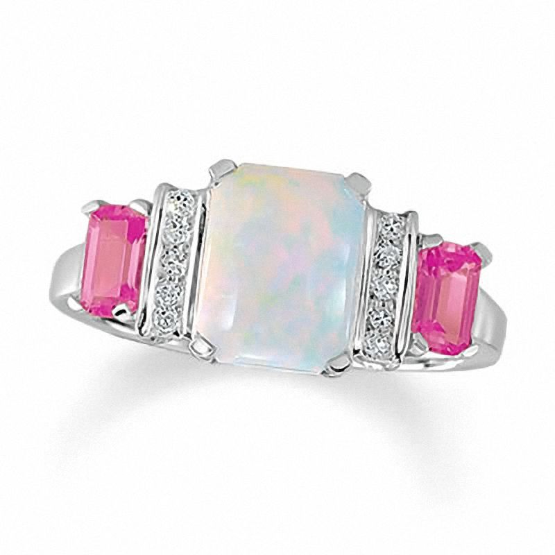 Opal and Lab-Created Pink Sapphire Ring in 10K White Gold