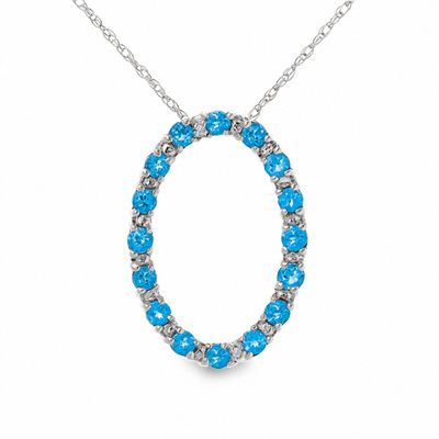 Blue Topaz Oval Pendant in 10K White Gold with Diamond Accents