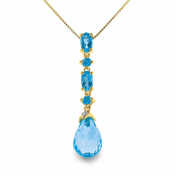 Blue Topaz Briolette Drop Pendant in 10K Gold with Diamond Accents