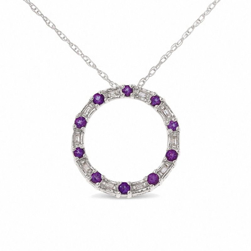 Amethyst Circle Pendant in 10K White Gold with Baguette Diamond Accents