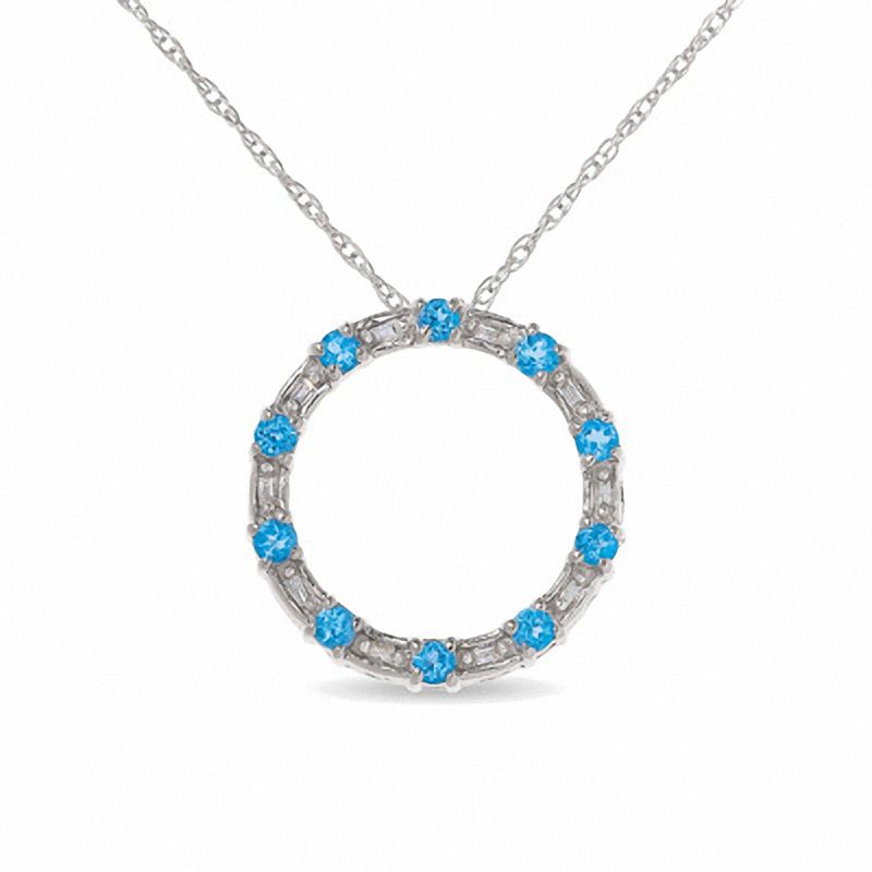 Main Image 1 of Blue Topaz Circle Pendant in 10K White Gold with Baguette Diamond Accents