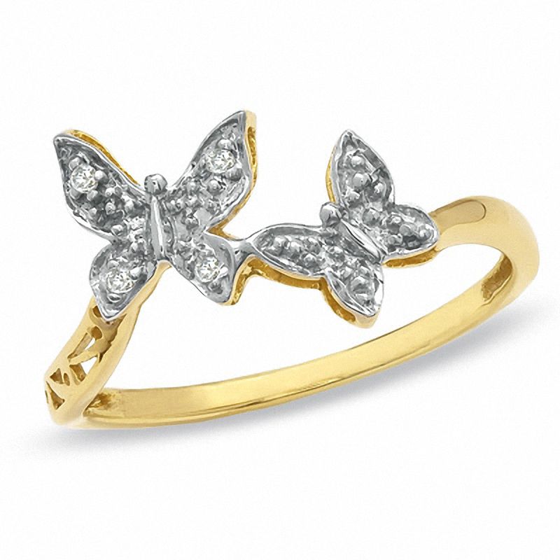 Main Image 1 of Diamond Accent Double Butterfly Ring in 18K Gold-Plated Sterling Silver - Size 7