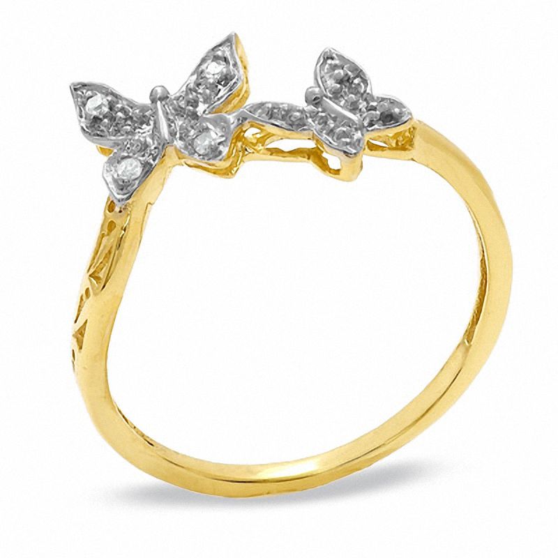 Main Image 2 of Diamond Accent Double Butterfly Ring in 18K Gold-Plated Sterling Silver - Size 7