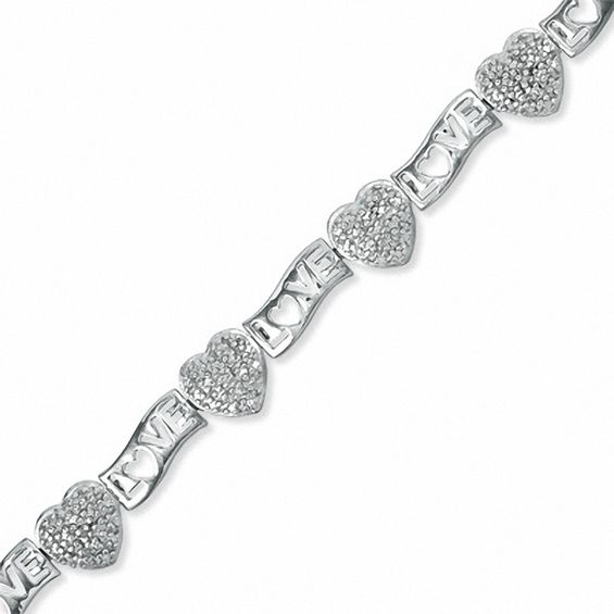 Diamond Accent Cluster Heart and LOVE Link Bracelet in Sterling Silver - 7.25"