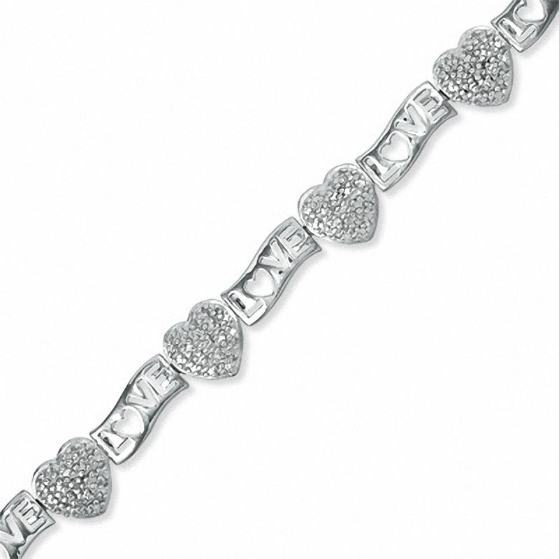 Main Image 1 of Diamond Accent Cluster Heart and LOVE Link Bracelet in Sterling Silver - 7.25"