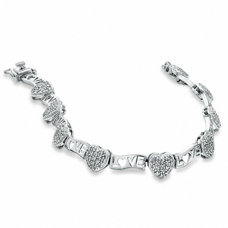 Main Image 2 of Diamond Accent Cluster Heart and LOVE Link Bracelet in Sterling Silver - 7.25"
