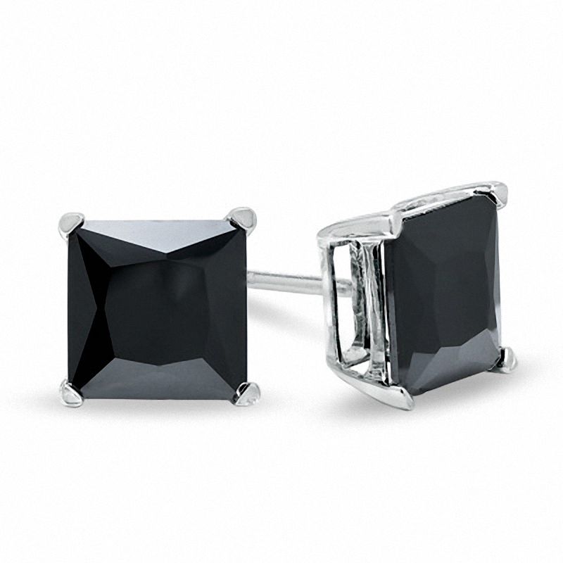 8mm Princess-Cut Black Cubic Zirconia Stud Earrings in Sterling Silver