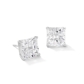 Solid Sterling Silver 8mm Princess-Cut CZ Nine-Cut Groove Studs