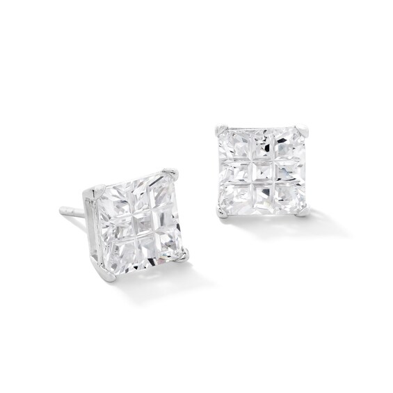 Solid Sterling Silver 8mm Princess-Cut CZ Nine-Cut Groove Studs