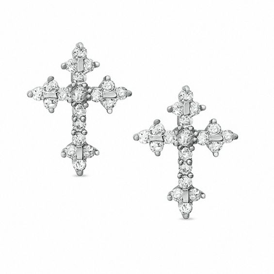 Cubic Zirconia Cross Stud Earrings in Sterling Silver