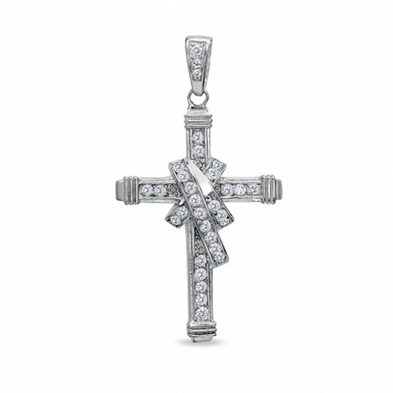 Main Image 1 of Cubic Zirconia Ribbon Cross Charm in Sterling Silver