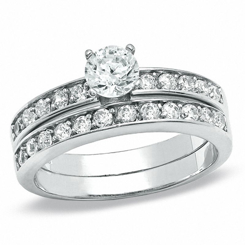 Main Image 1 of 5mm Cubic Zirconia Solitaire Pavé Bridal Set in Sterling Silver